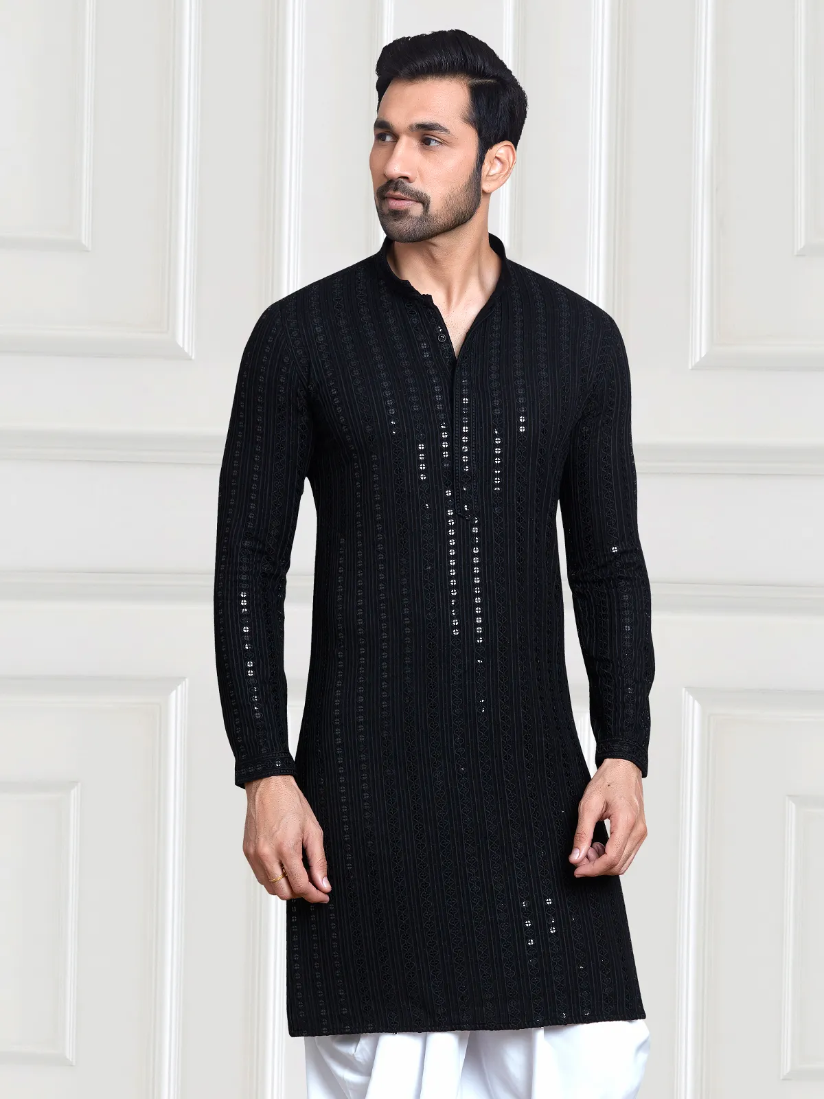 Black rayon cotton kurta with peshawari dhoti