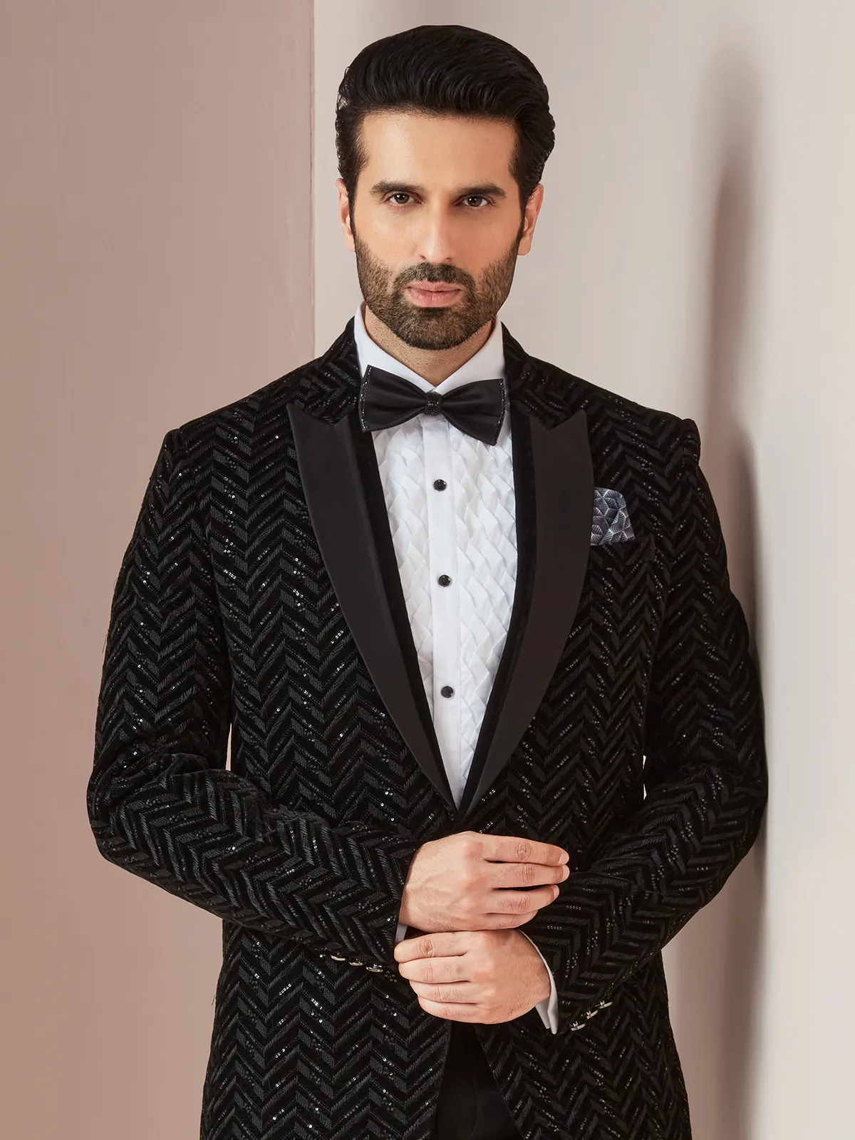 Black reception wear velvet coat suit