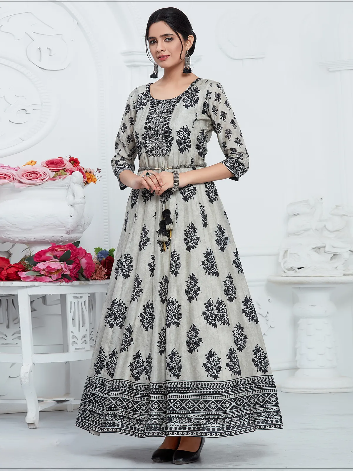 Black russian silk long flare kurti