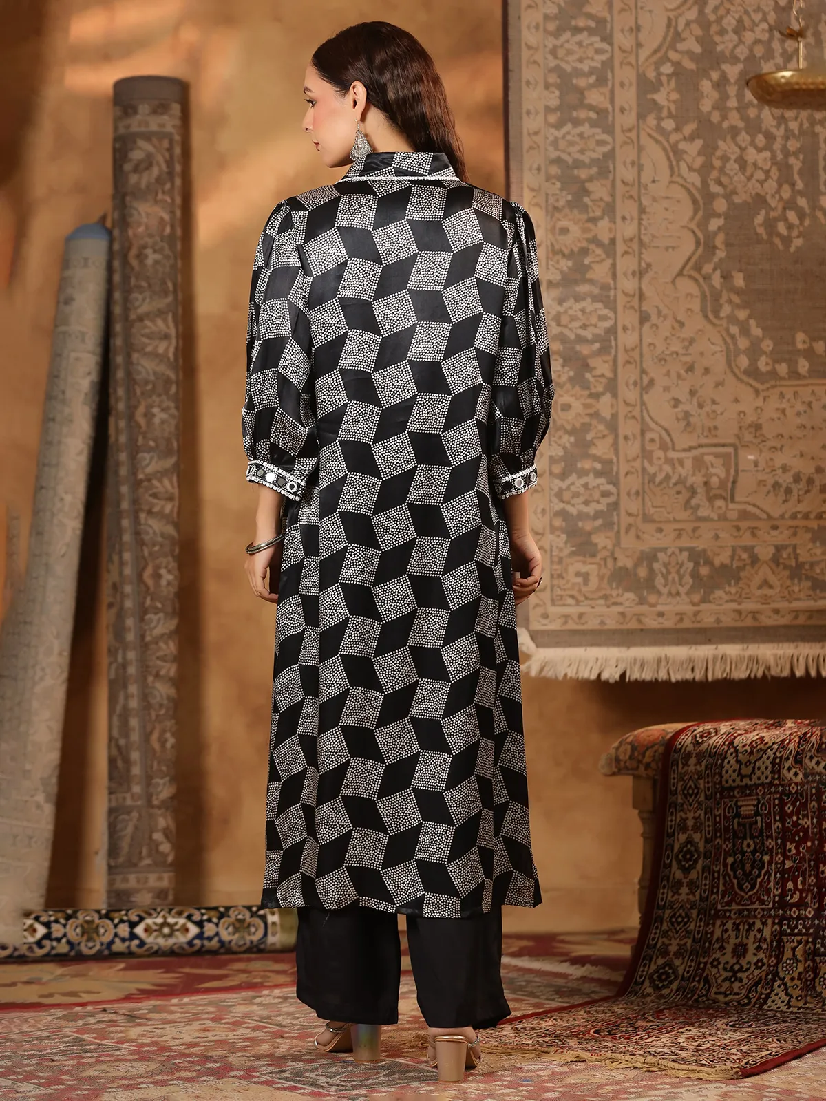 Black satin silk printed kurti set
