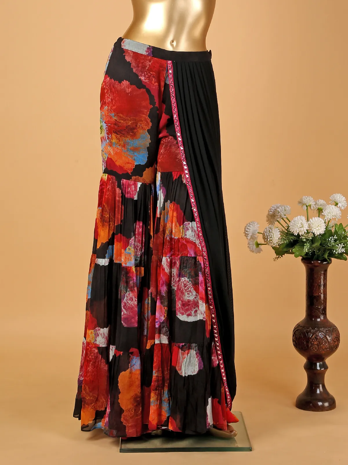 Black sharara suit with attached drape dupatta