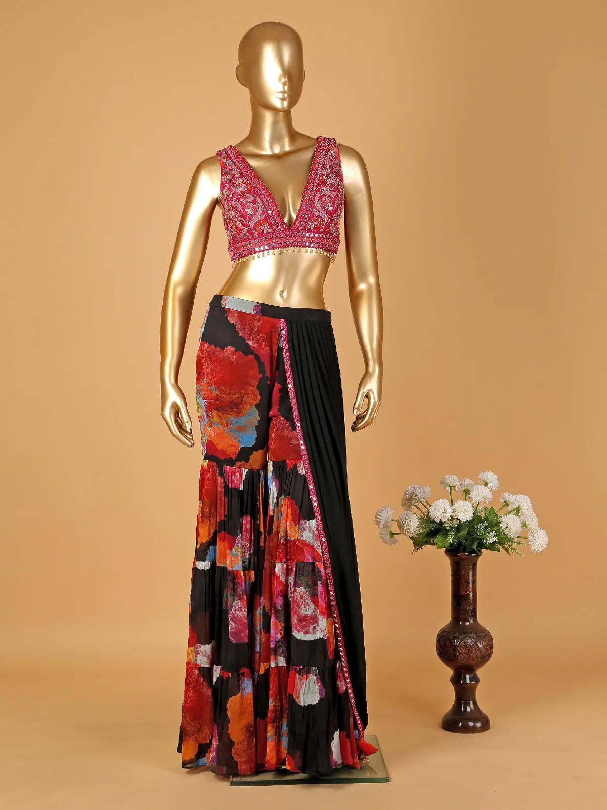 Black sharara suit with attached drape dupatta