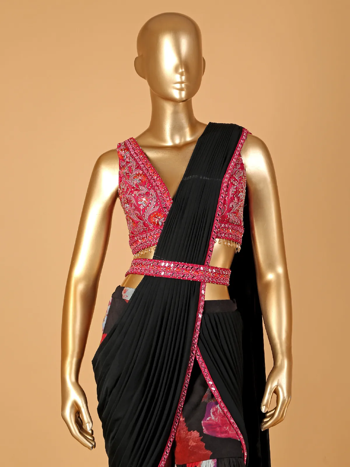 Black sharara suit with attached drape dupatta