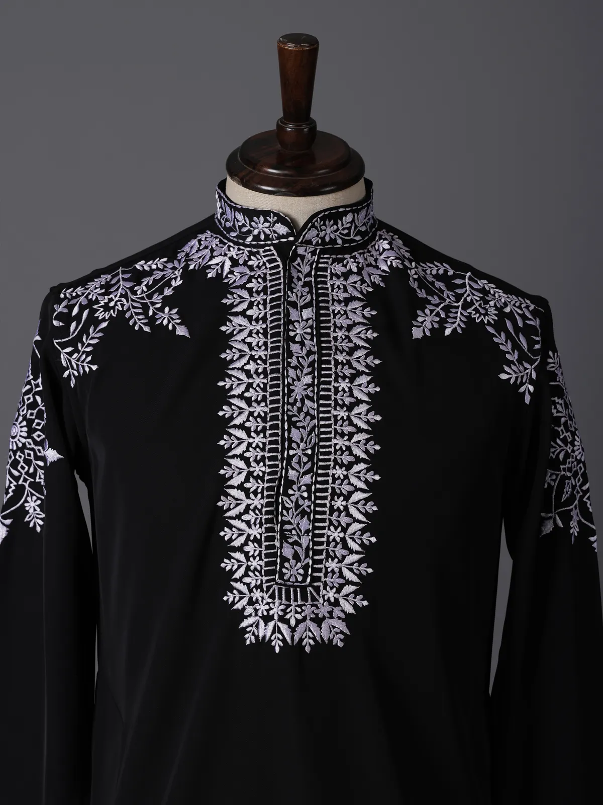 Black silk embroidered festive wear kurta