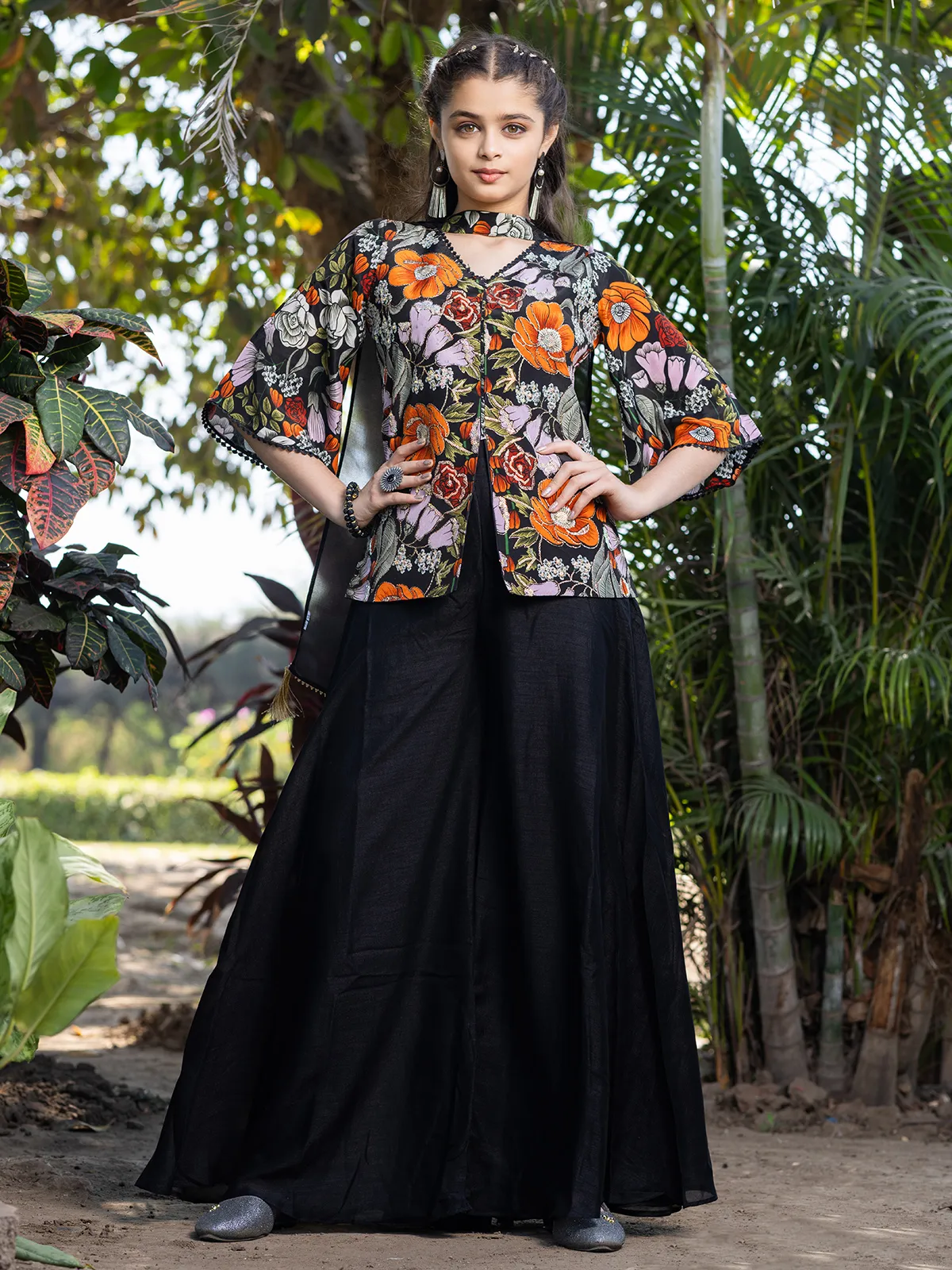 Black silk floral printed palazzo suit