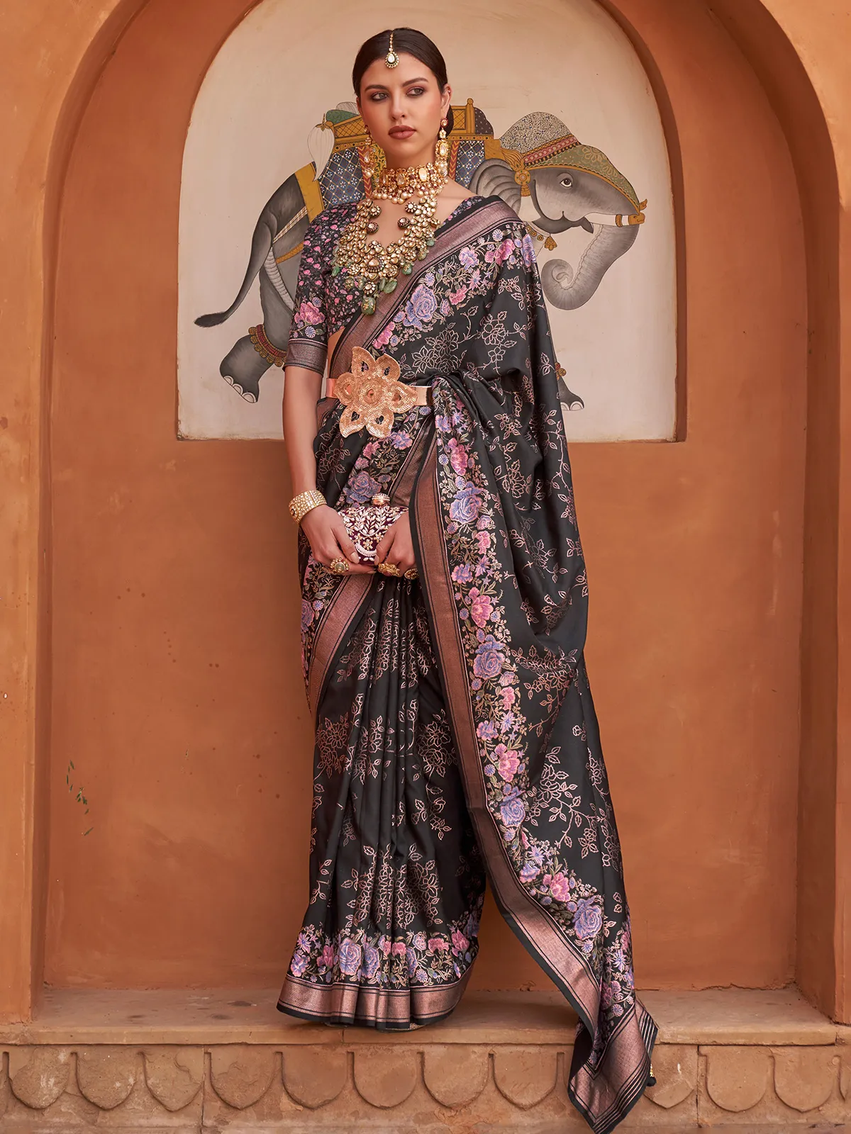 Black silk floral printed saree