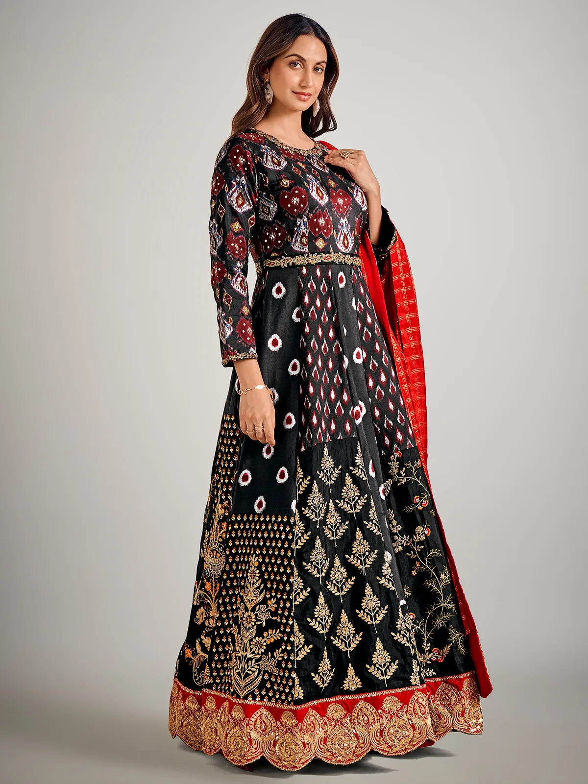 Black Silk Pakistani Anarkali Suit With Dupatta