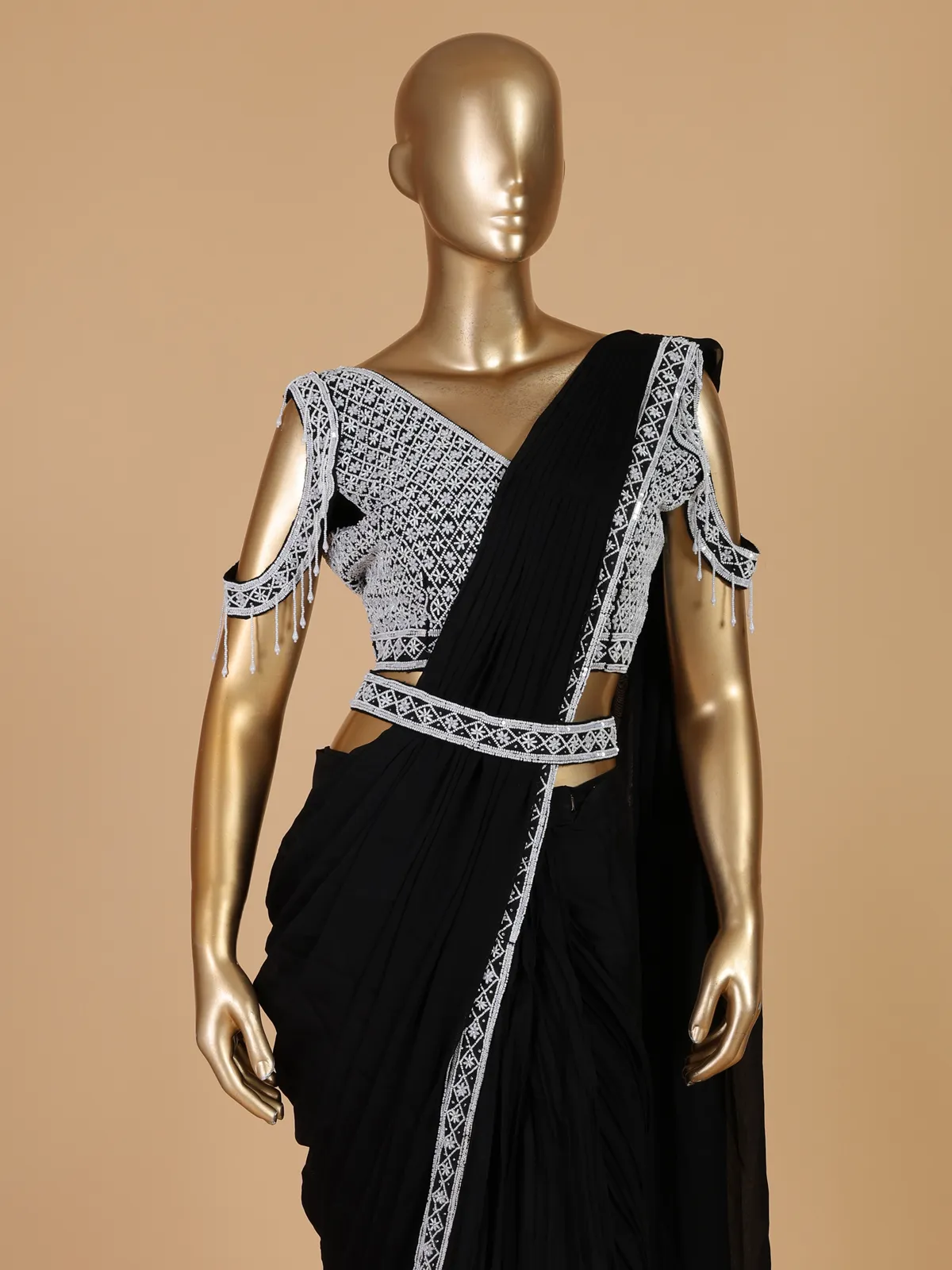 Black silk pre stitched saree