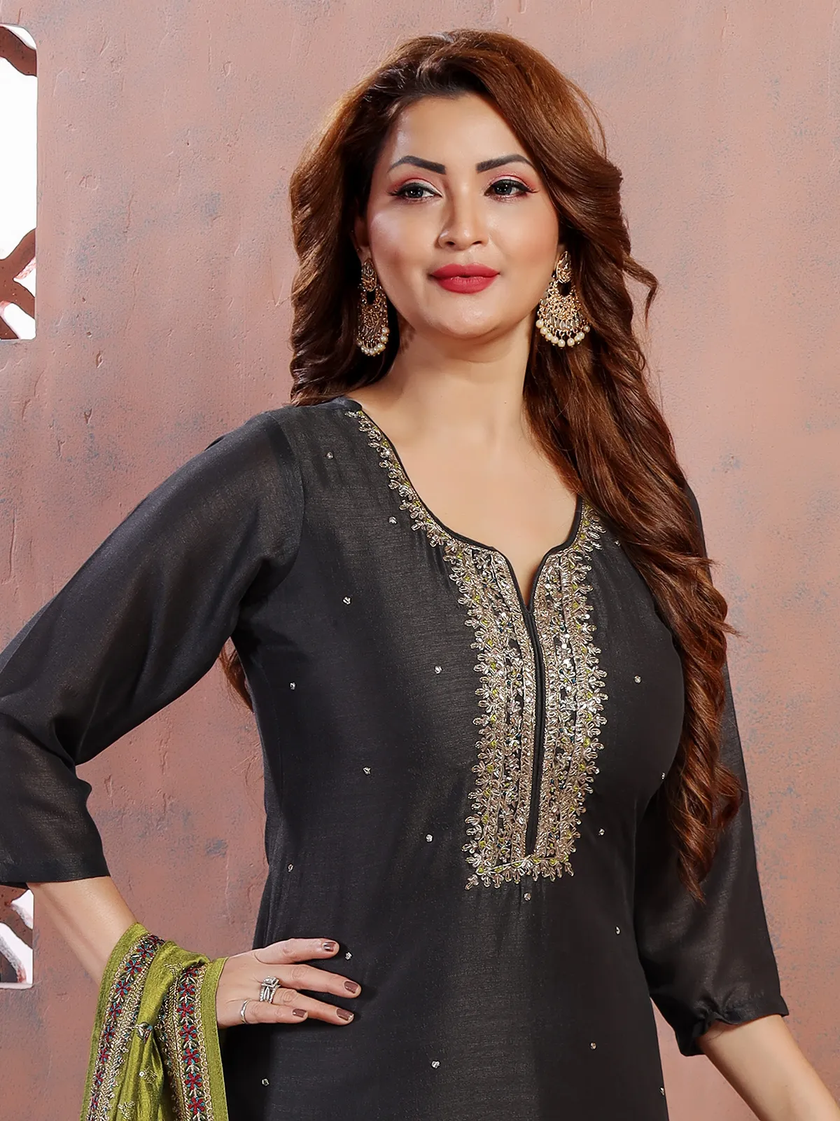 Black silk salwar suit with contrast dupatta