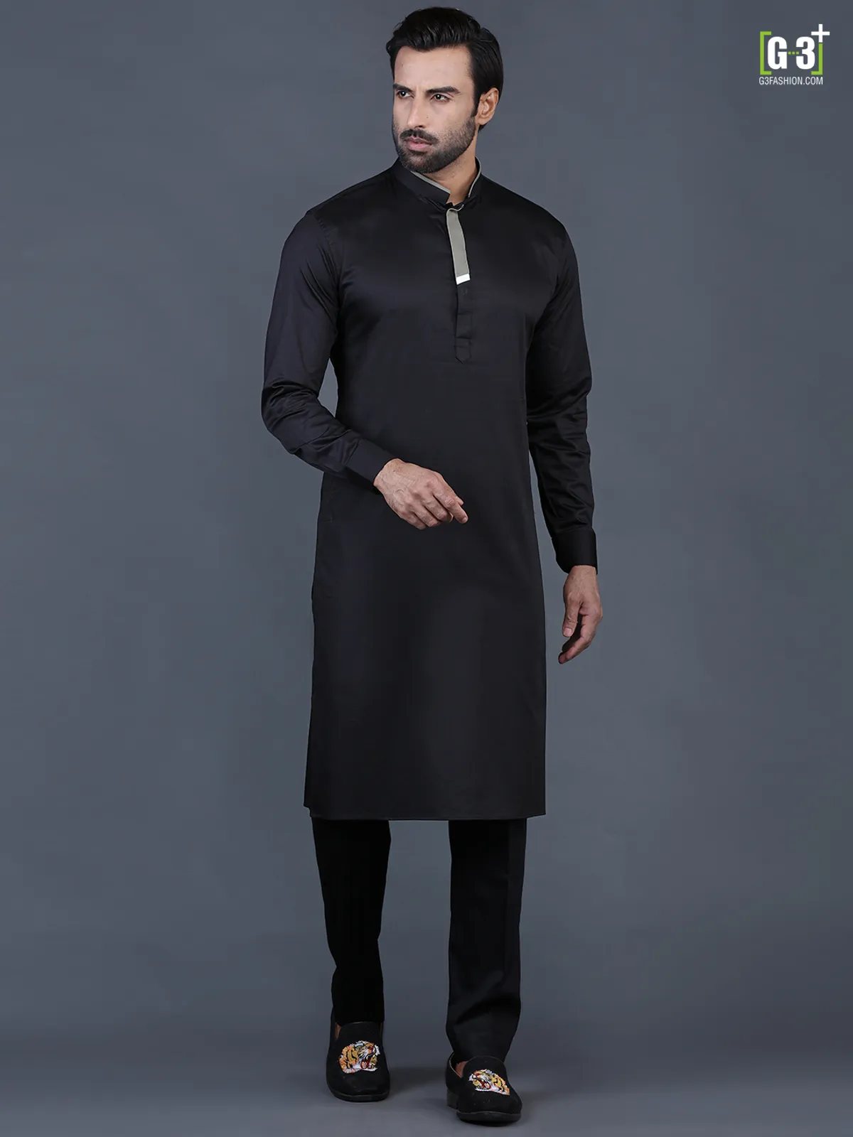 Black solid cotton mens pathani suit