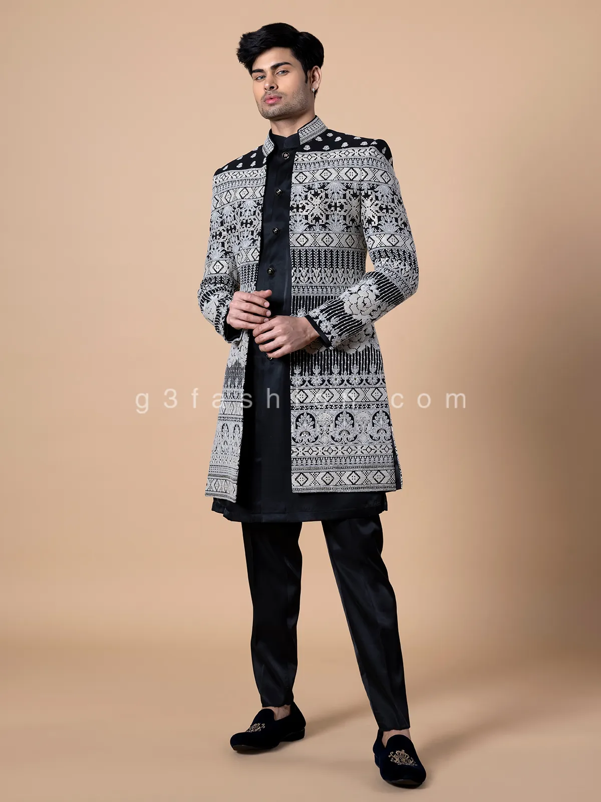 Black terry rayon indowestern for men