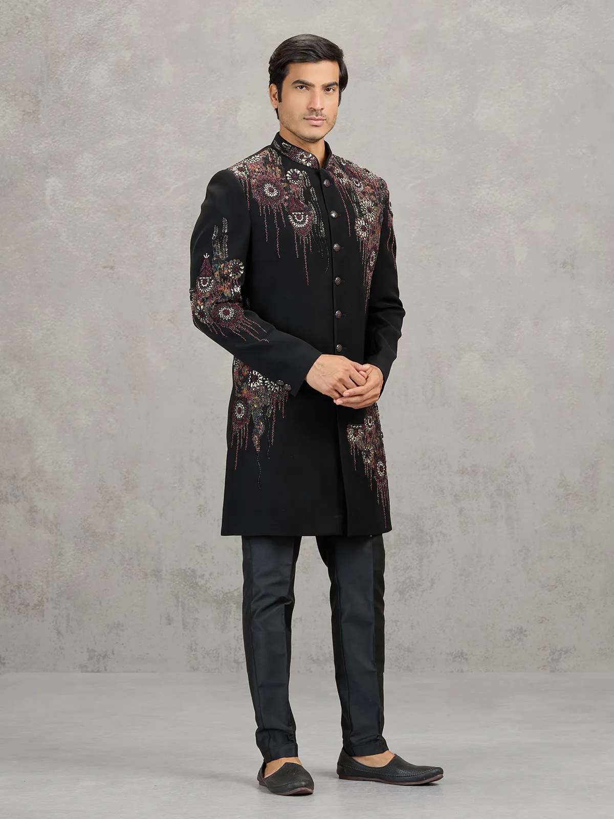 Black terry rayon indowestern set with rich embellishments