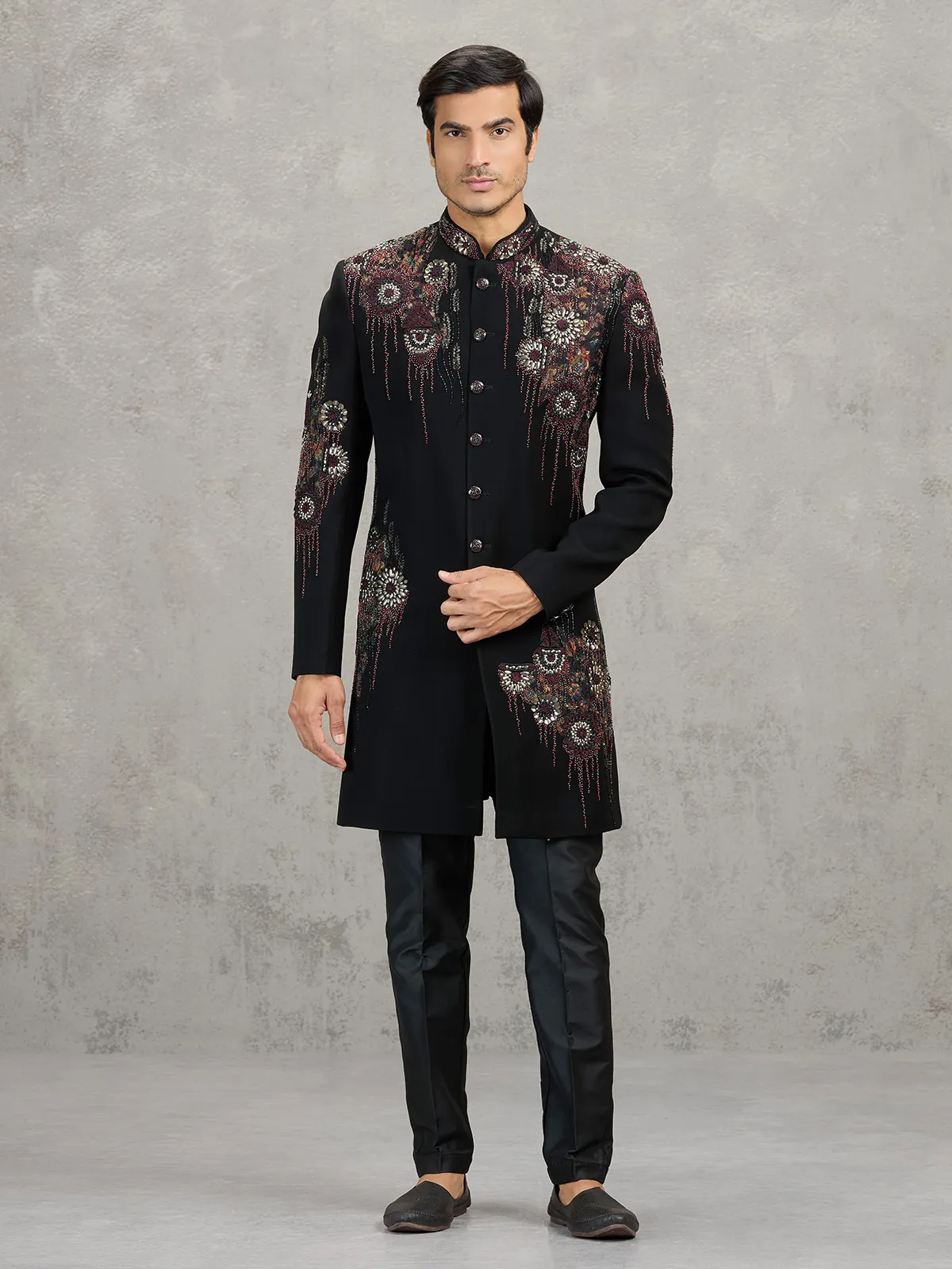 Black terry rayon indowestern set with rich embellishments
