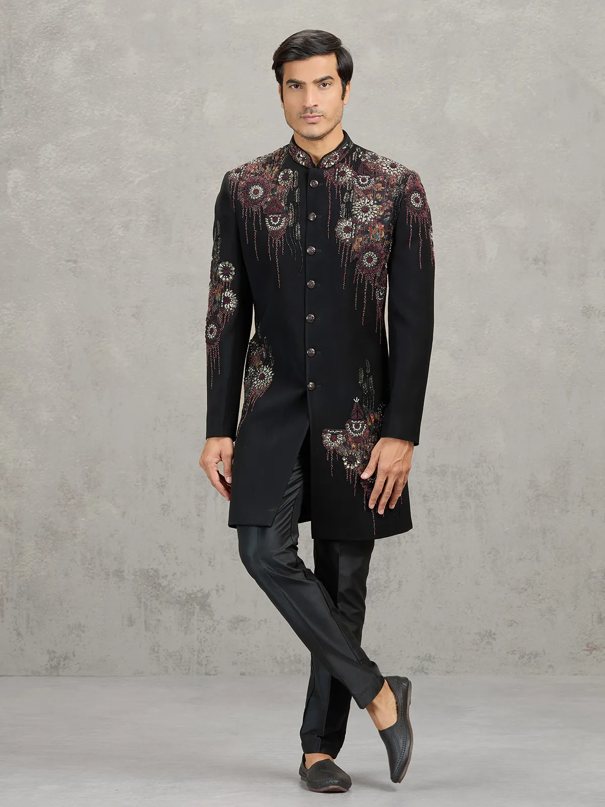 Black terry rayon indowestern set with rich embellishments