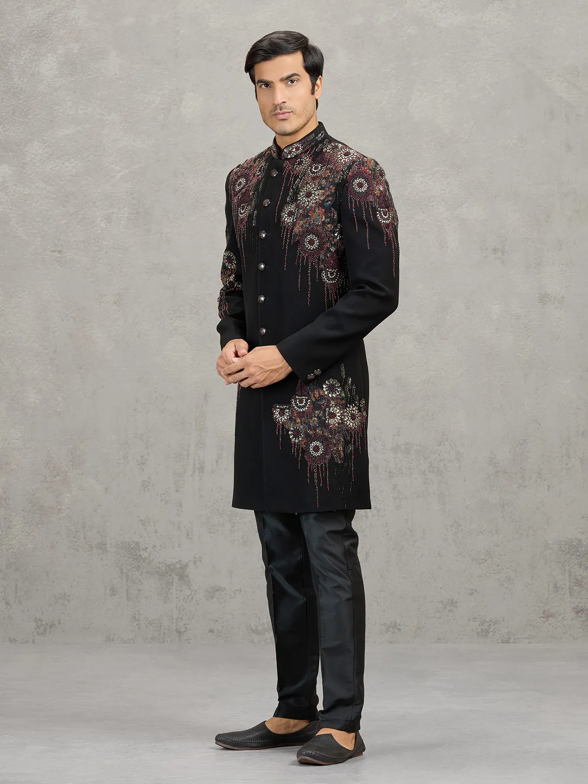 Black terry rayon indowestern set with rich embellishments