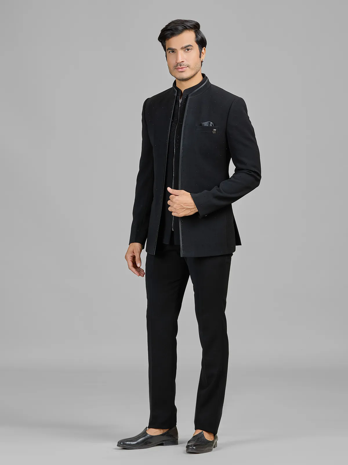Black terry rayon jacket style jodhpuri suit
