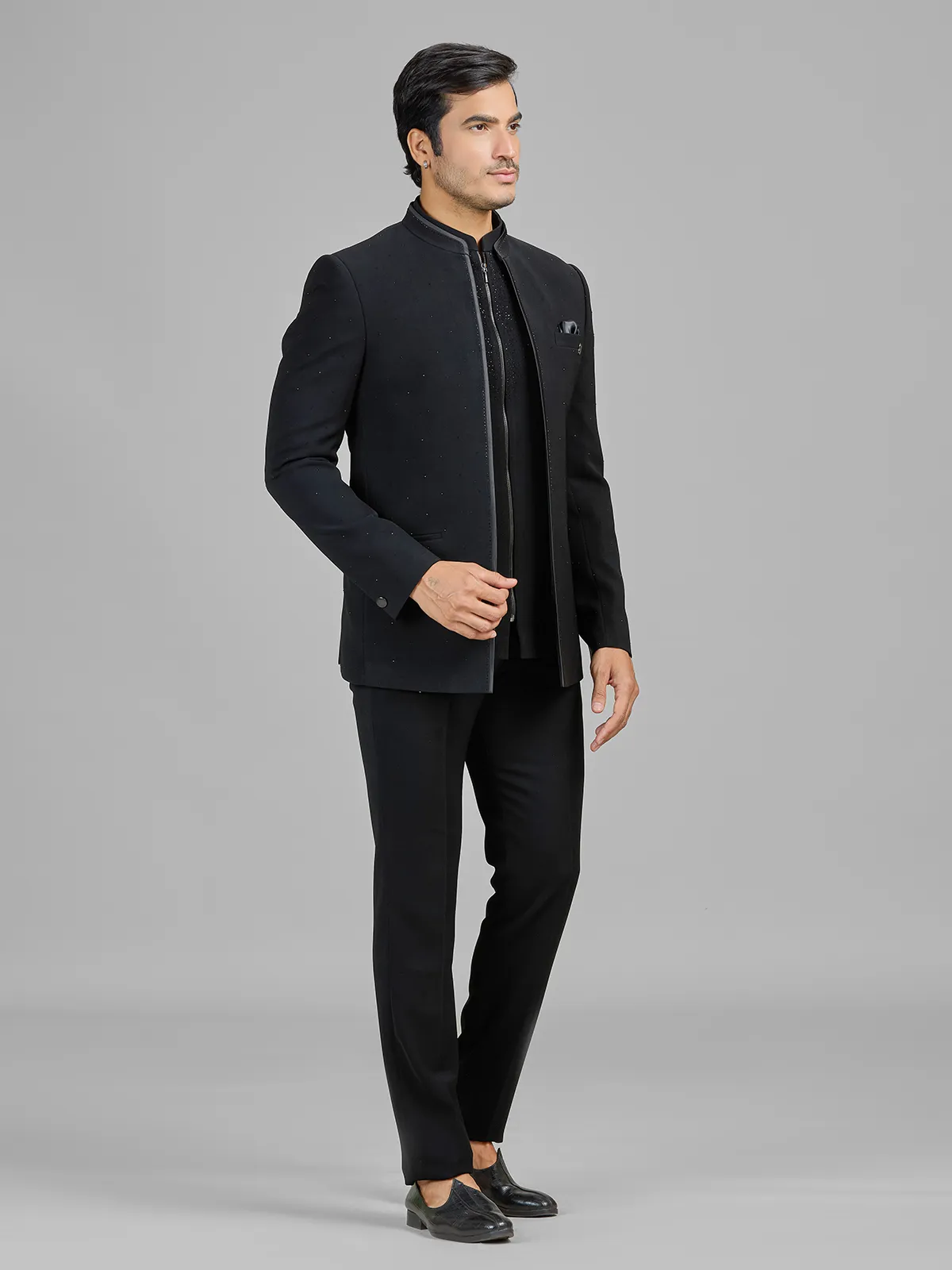 Black terry rayon jacket style jodhpuri suit