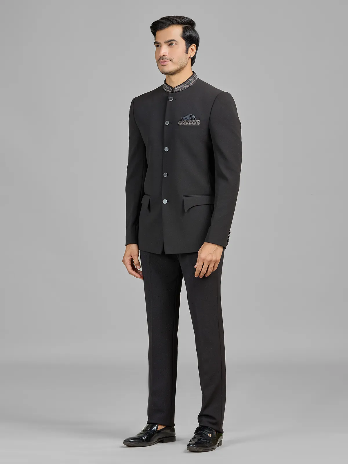 Black terry rayon jodhpuri suit for wedding celebration