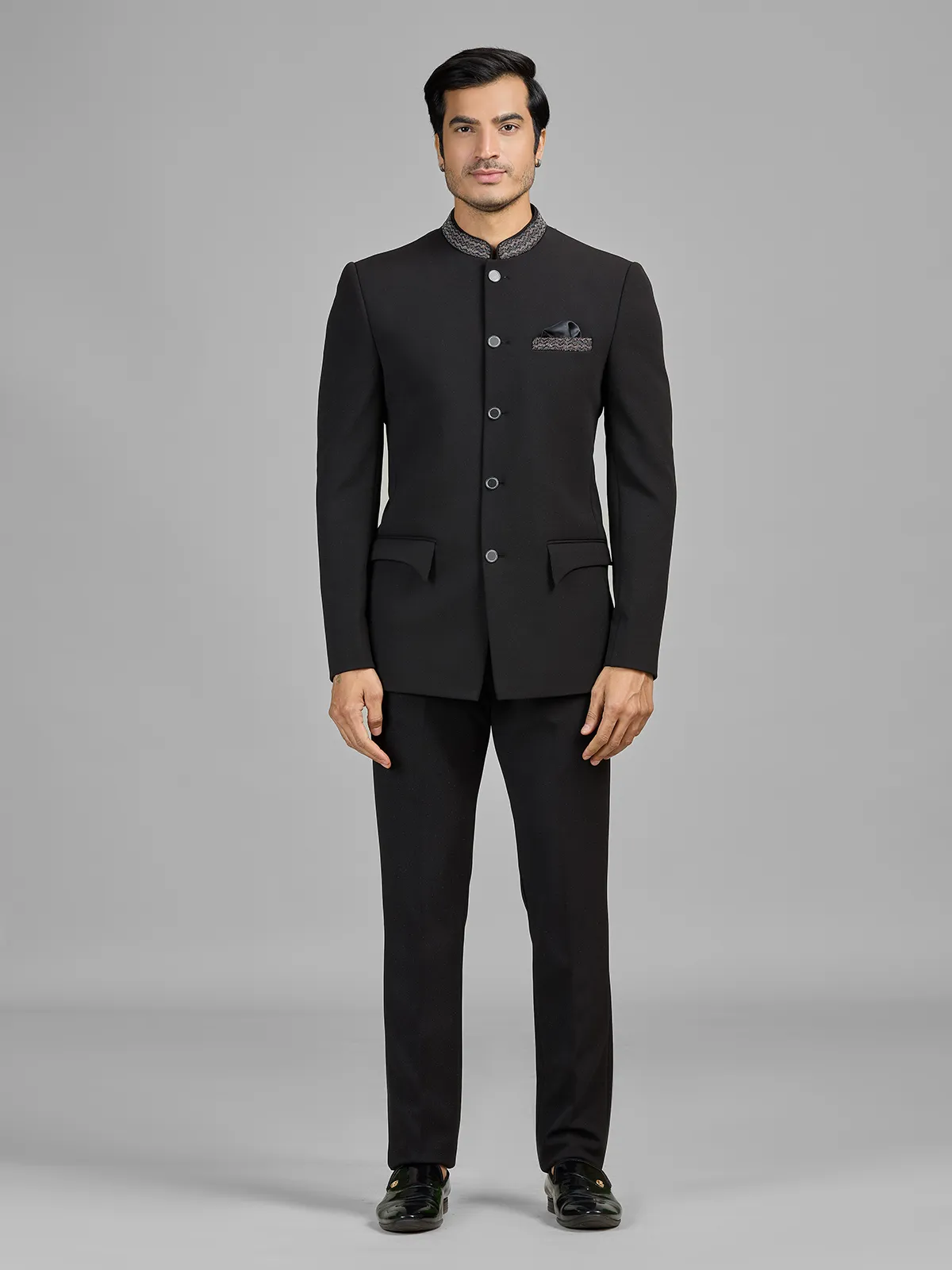 Black terry rayon jodhpuri suit for wedding celebration