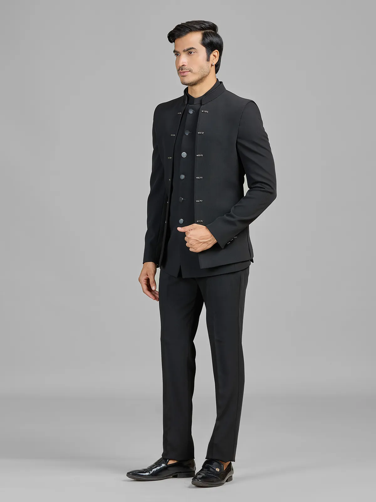 Black terry rayon jodhpuri suit with stunning jacket