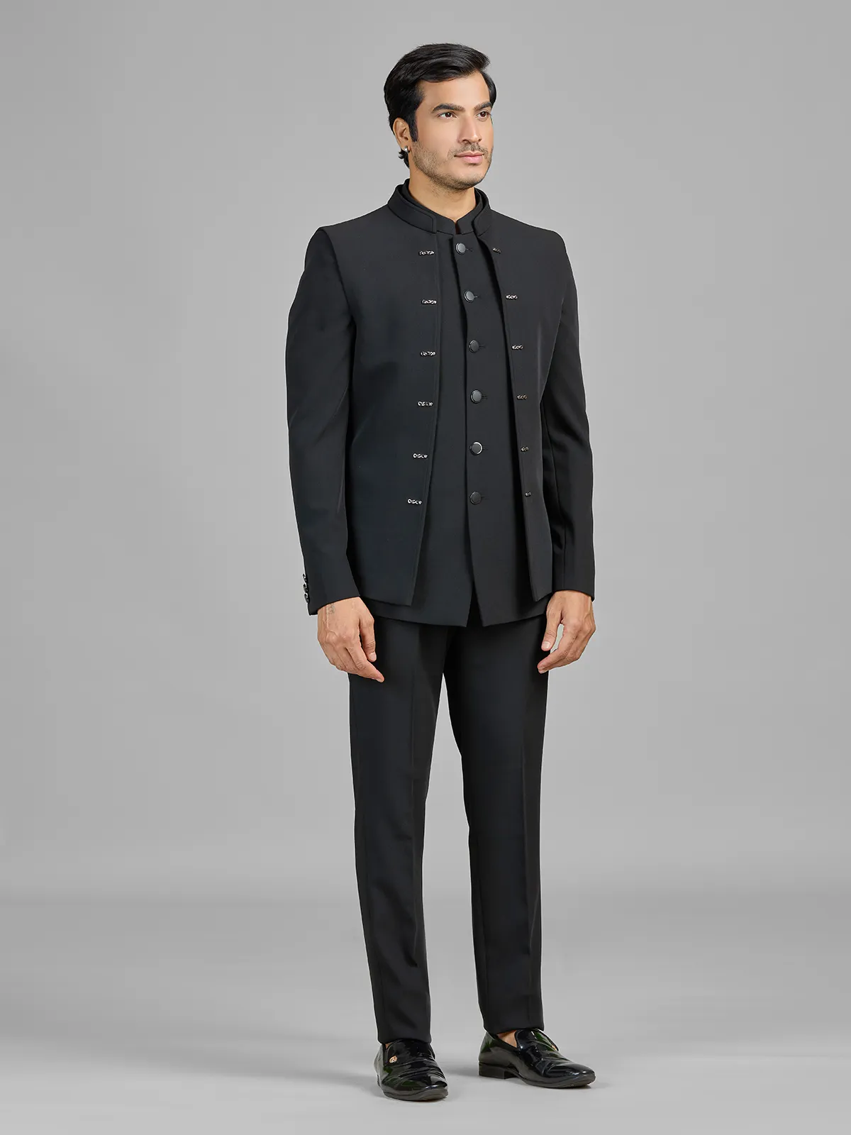 Black terry rayon jodhpuri suit with stunning jacket