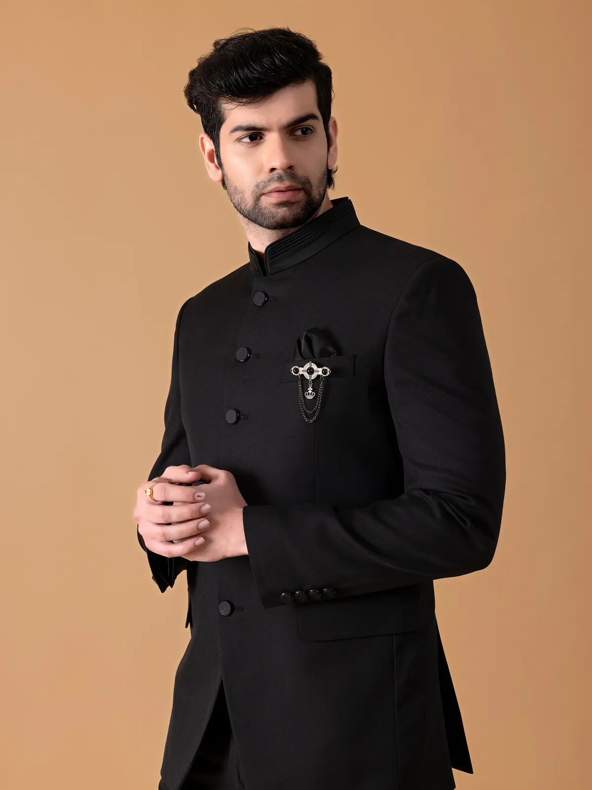 Black terry rayon plain jodhpuri suit