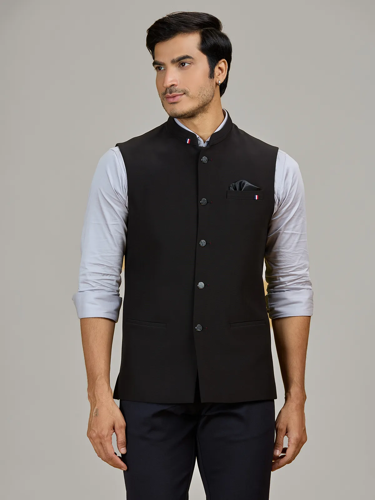 Black terry rayon waistcoat for formal occasions