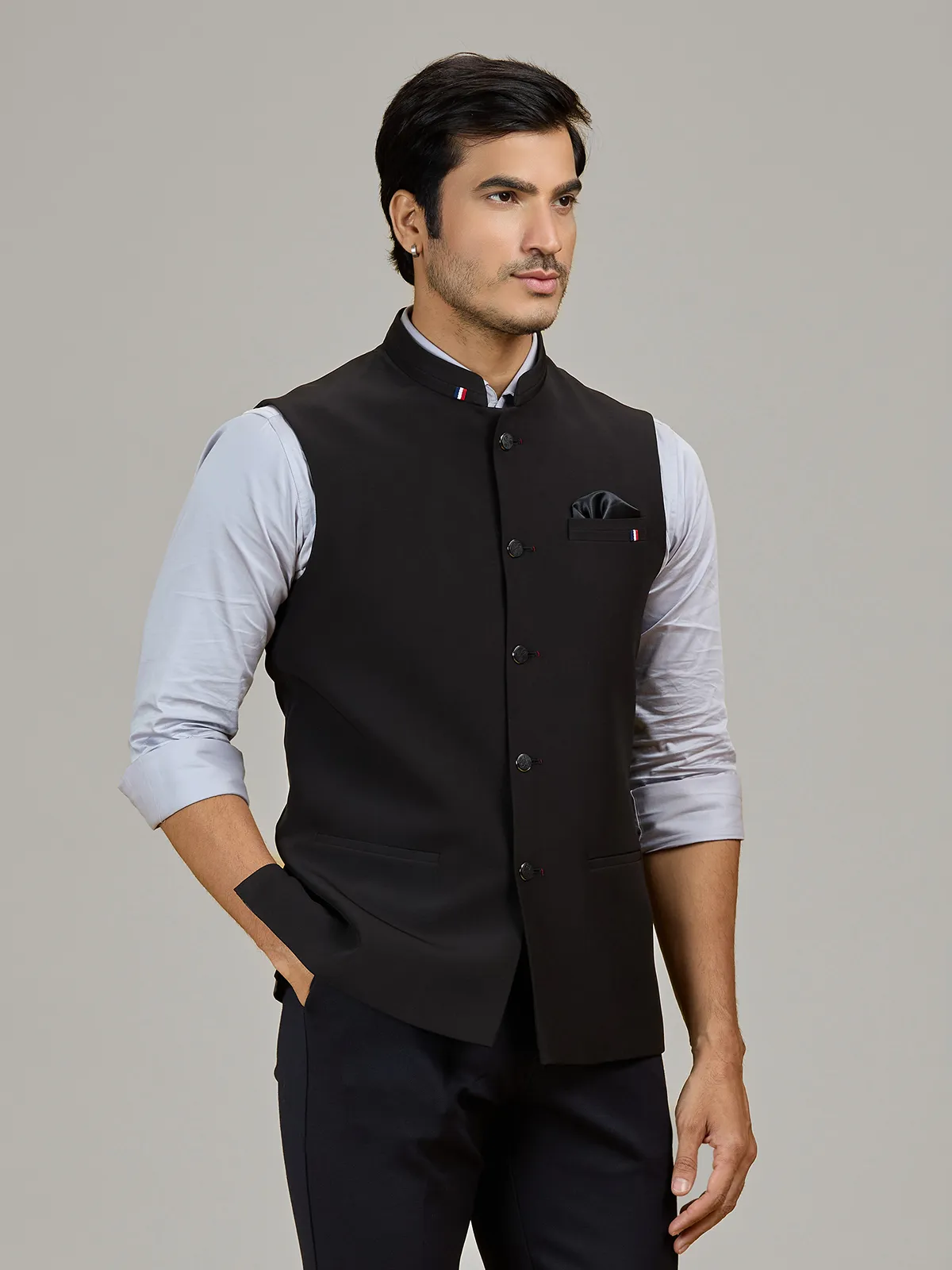 Black terry rayon waistcoat for formal occasions