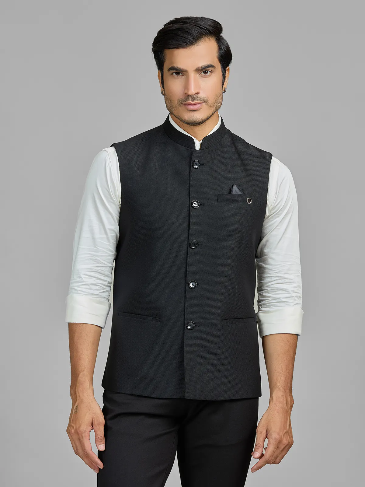 Black terry rayon waistcoat for formal wear-G3-MWC2901 | United States