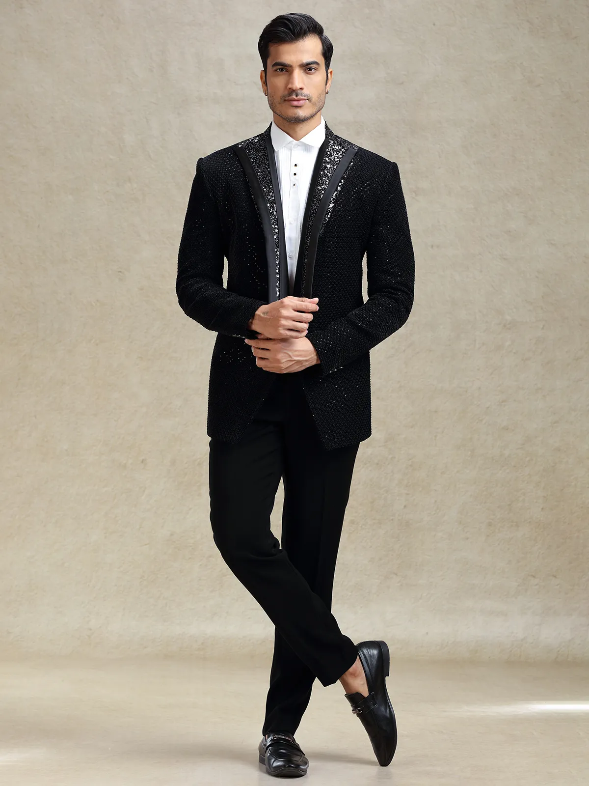 Black Textured Terry Rayon Coat Suit for Cocktail Party