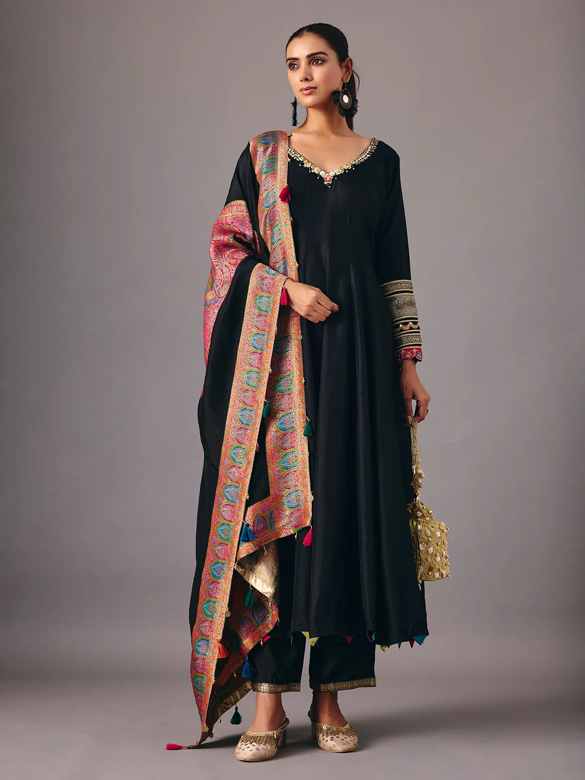 Black tissue silk anarkali suit with dupatta