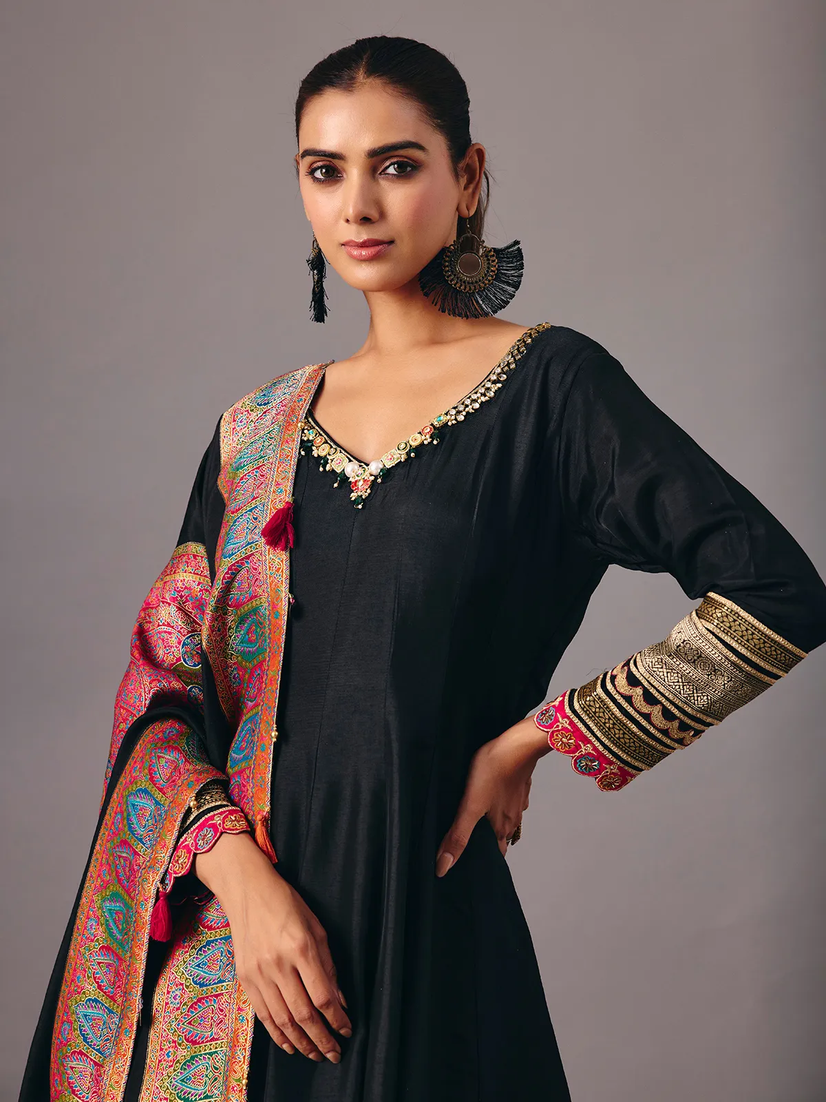 Black tissue silk anarkali suit with dupatta