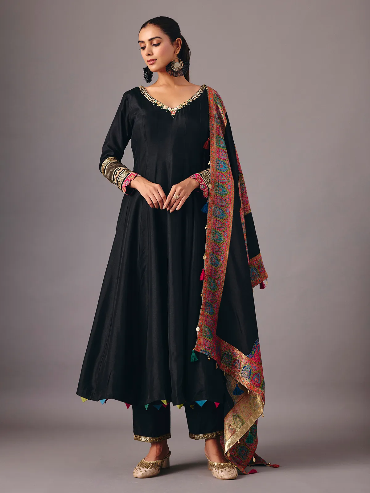 Black tissue silk anarkali suit with dupatta