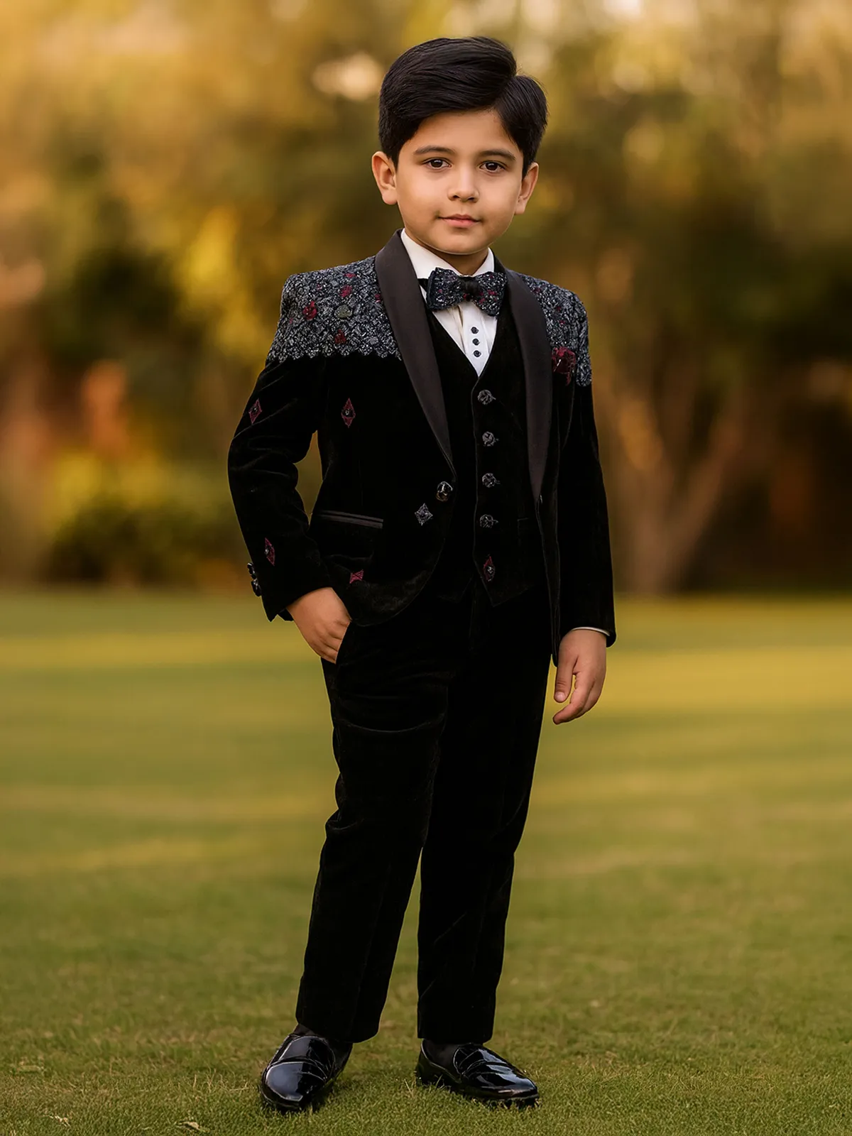 Black wedding wear coat suit in soft velvet