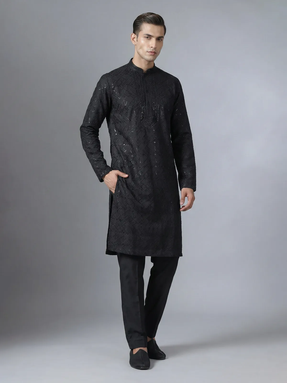 kurta pajama dress Midnight Heritage Edit Navy Blue Designer Set Palkhi Fashion The classic round neckline adds a touch of refinement while the fulllength sleeves enhance its regal allure Black Wedding Wear Kurta Pajama
