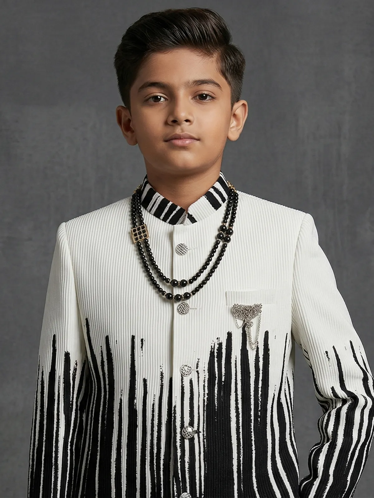 Black white printed brooch boys party wear indowestern