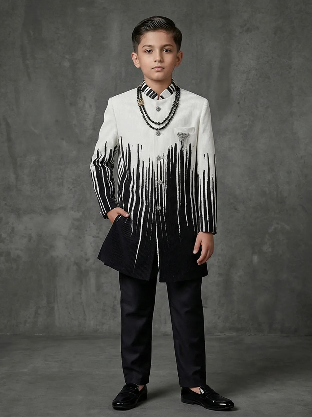Black white printed brooch boys party wear indowestern