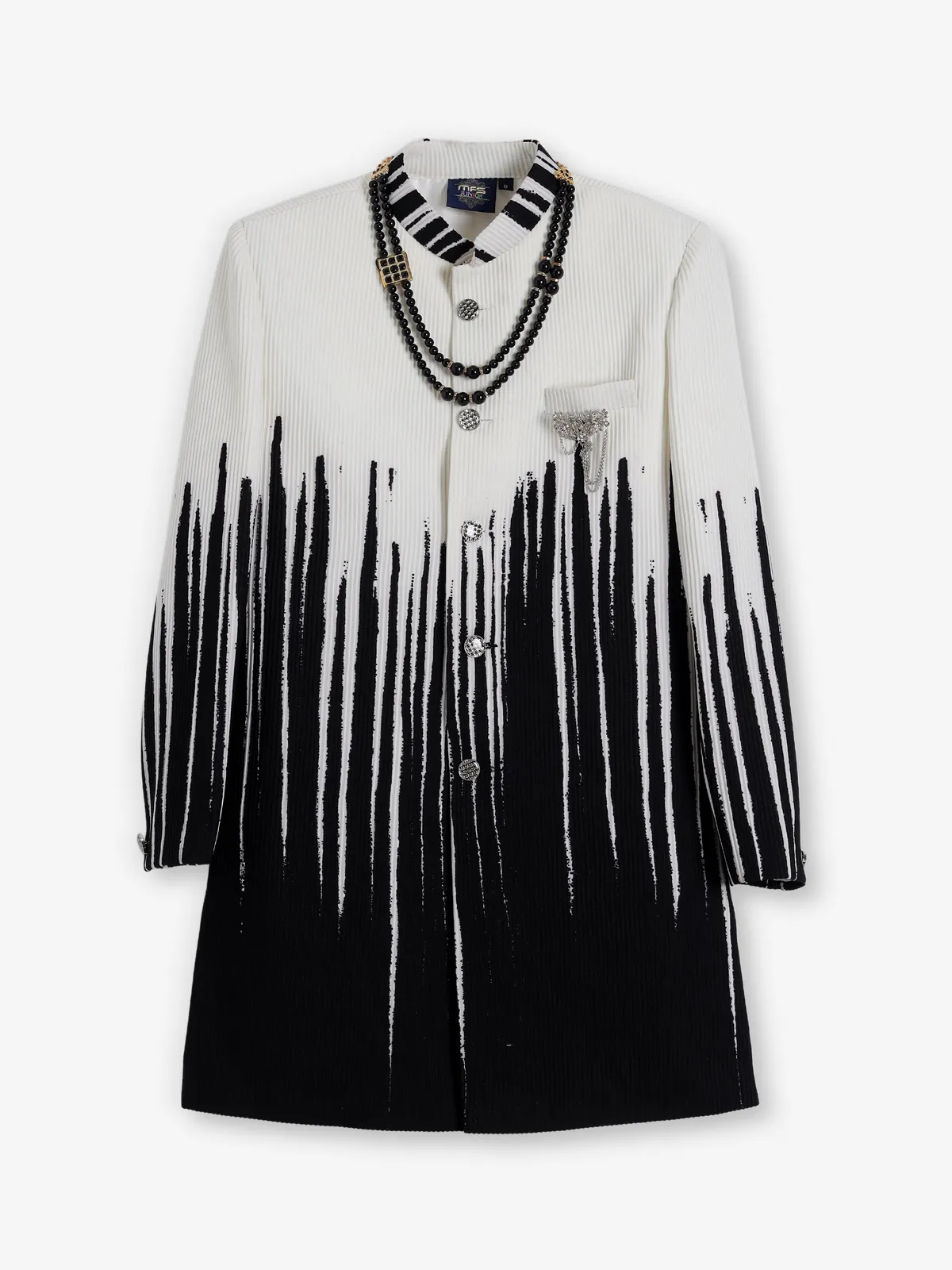Black white printed brooch boys party wear indowestern