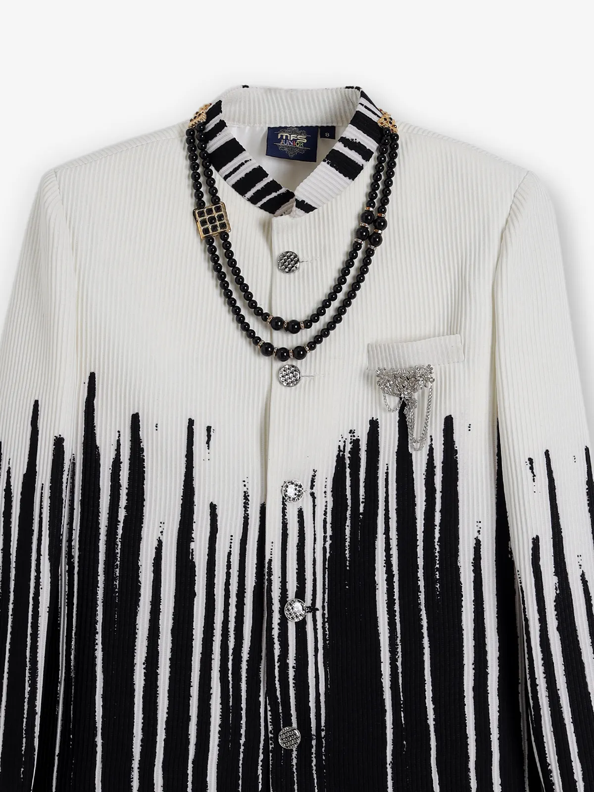 Black white printed brooch boys party wear indowestern