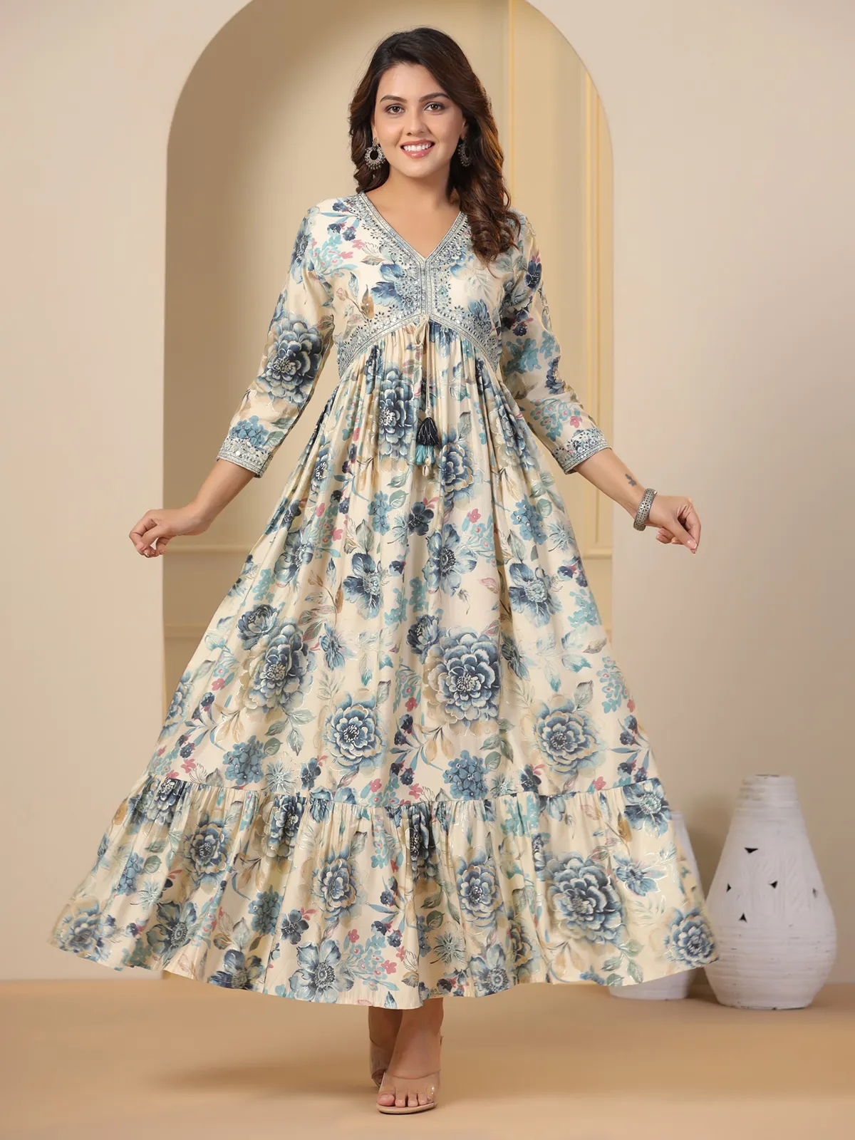 Blue and beige cotton printed kurti