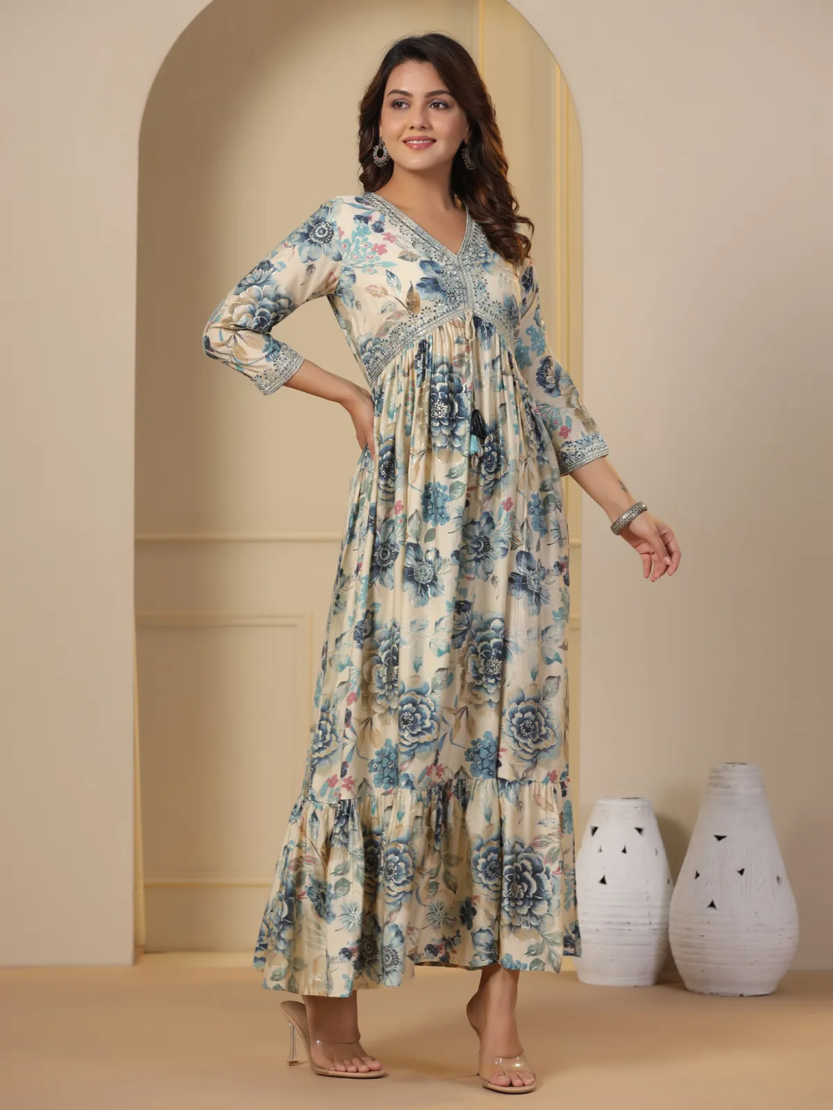 Blue and beige cotton printed kurti