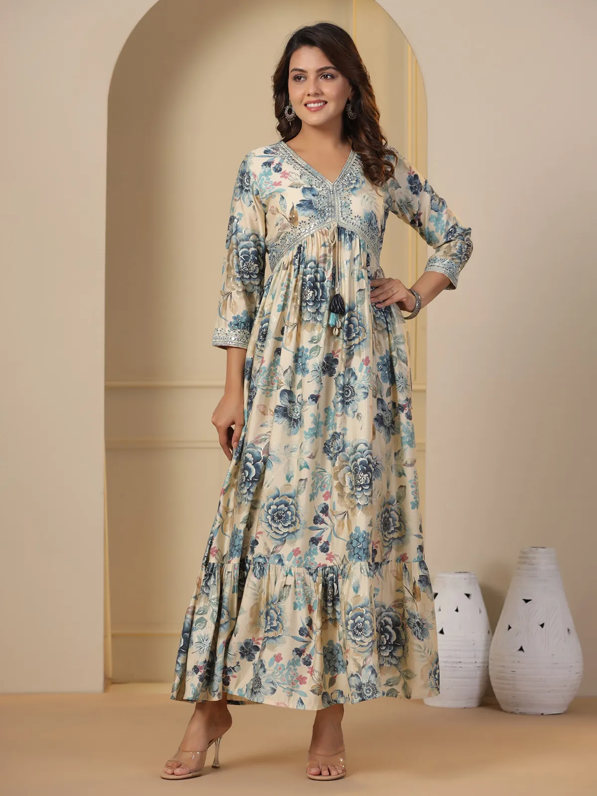 Blue and beige cotton printed kurti