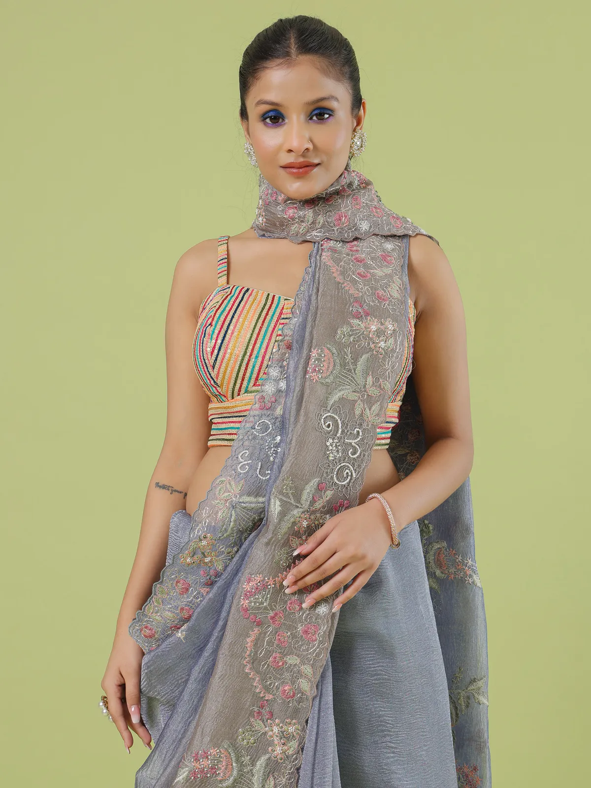 Blue and beige shaded tissue silk saree