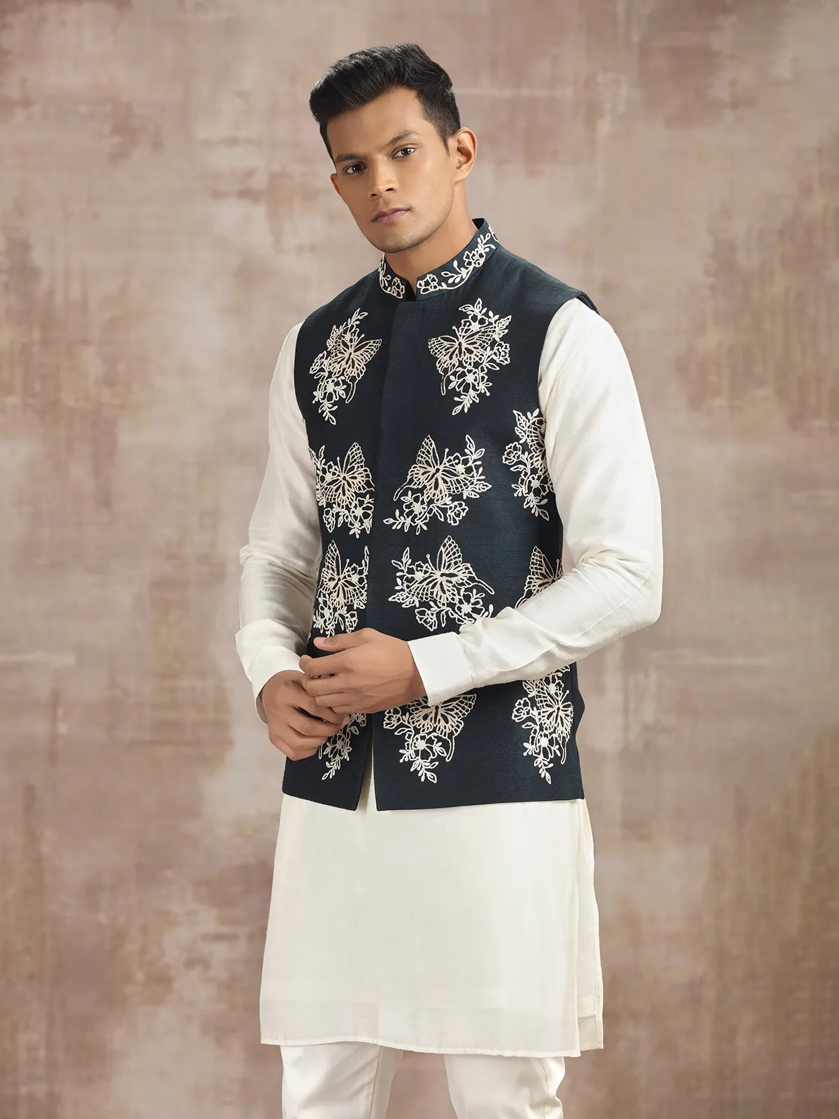Blue and off white silk waistcoat set