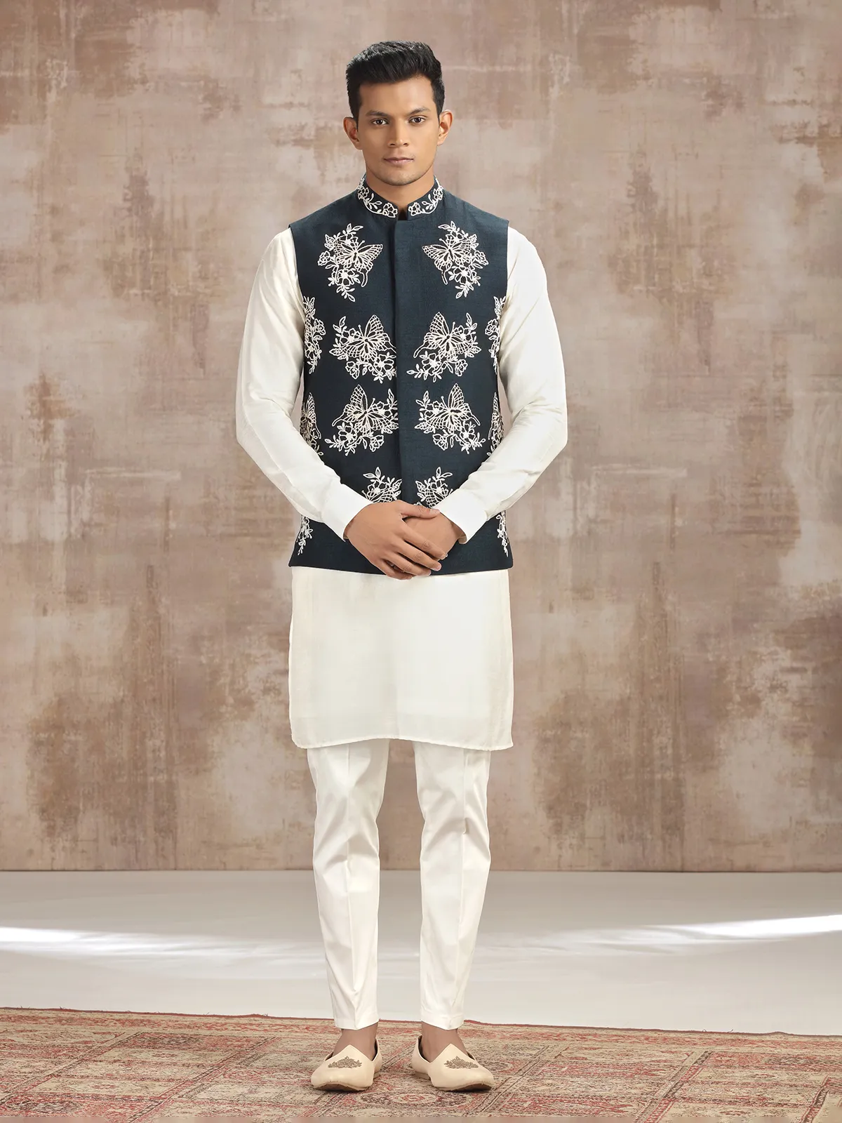 Blue and off white silk waistcoat set