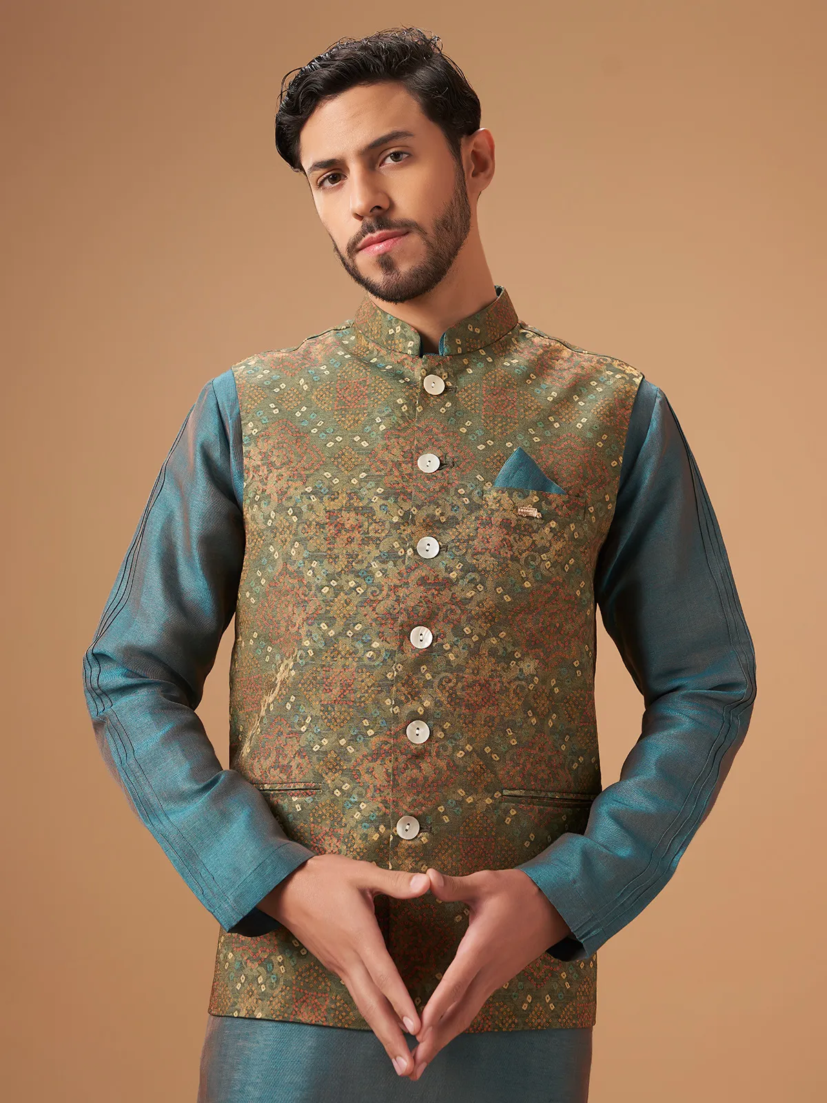 Blue and olive printed waistcoat set