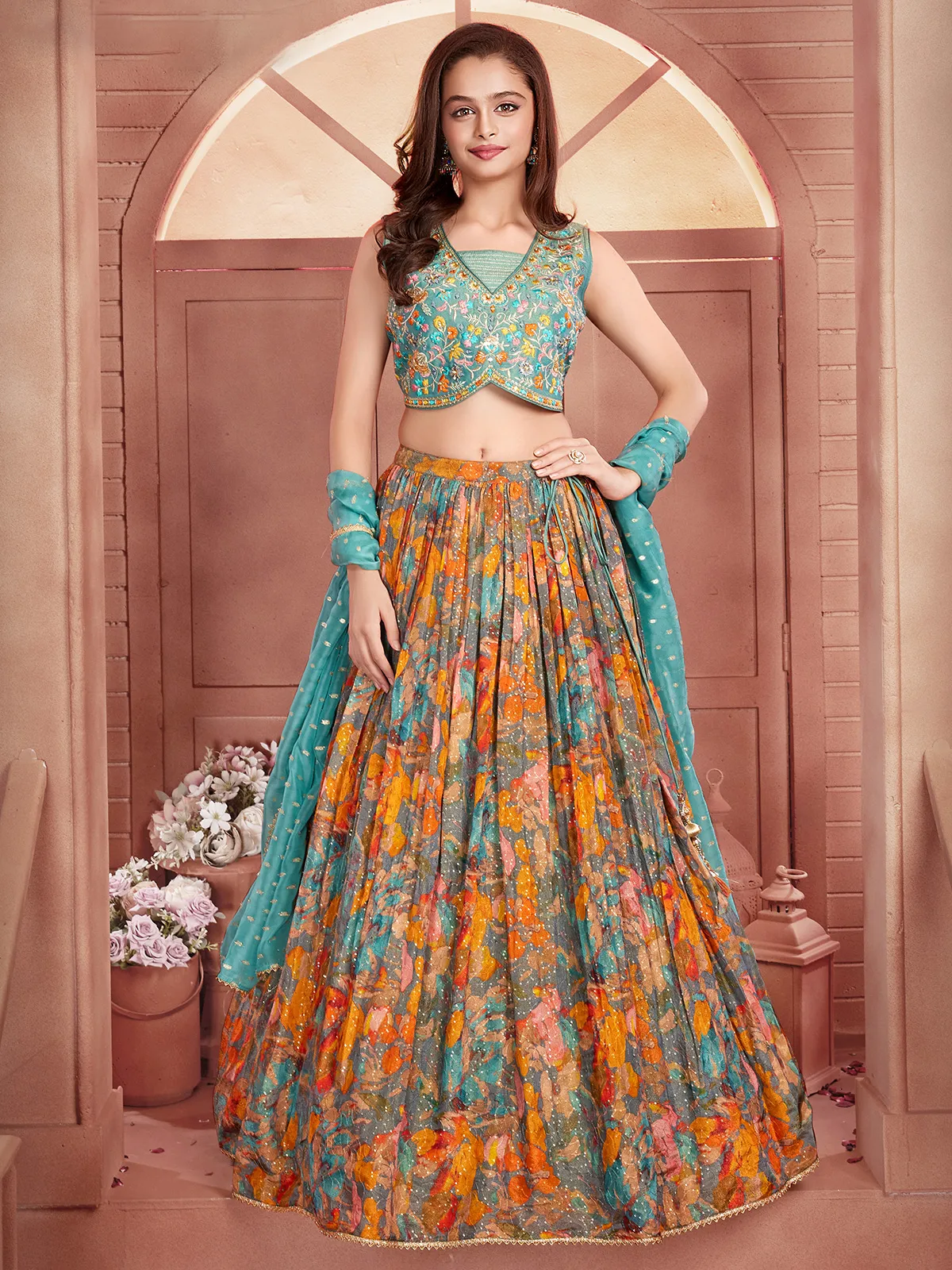 Blue and orange georgette lehenga choli
