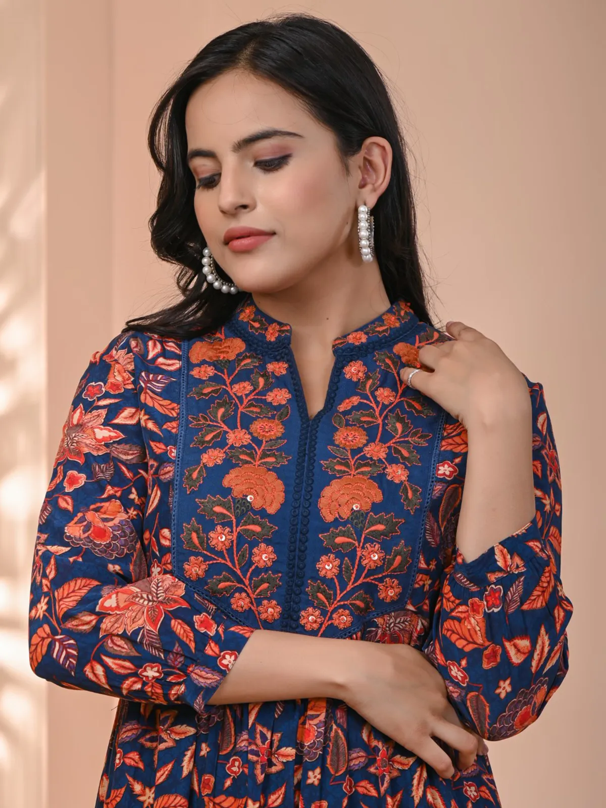 Blue and orange printed long kurti