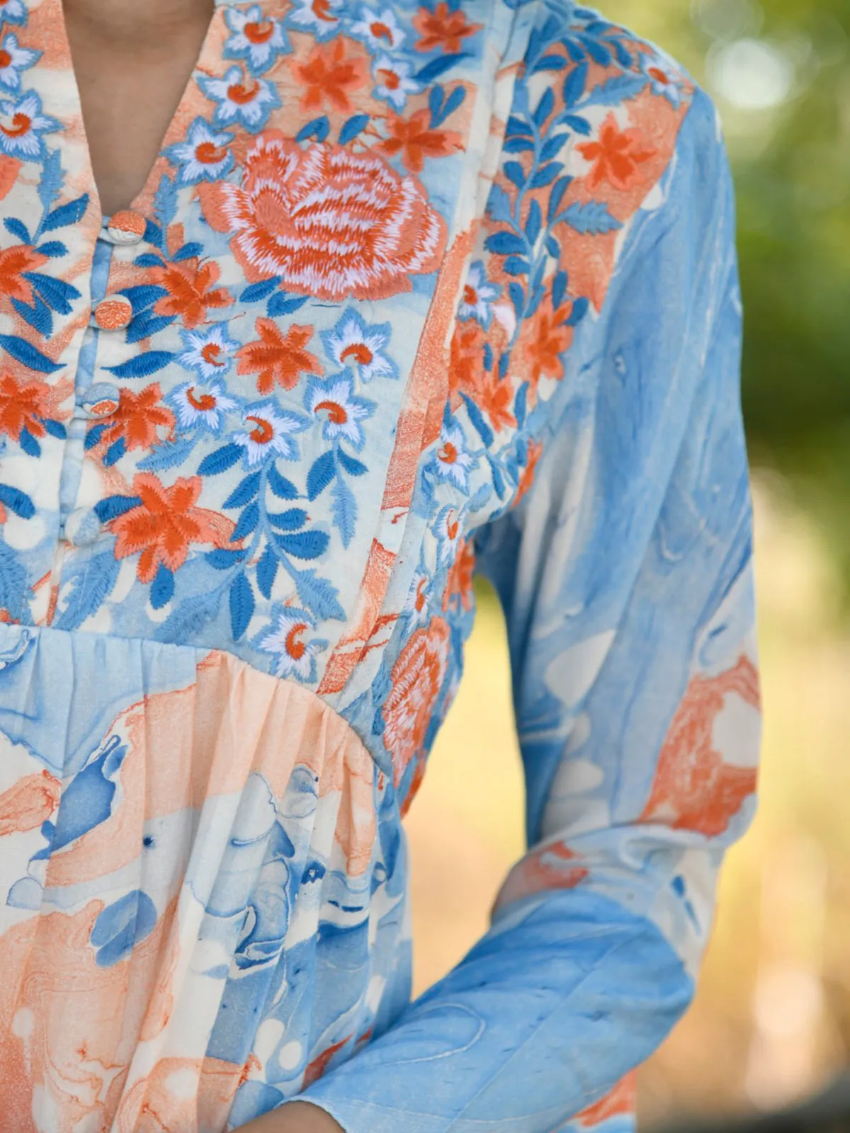 Blue and peach printed cotton kurti