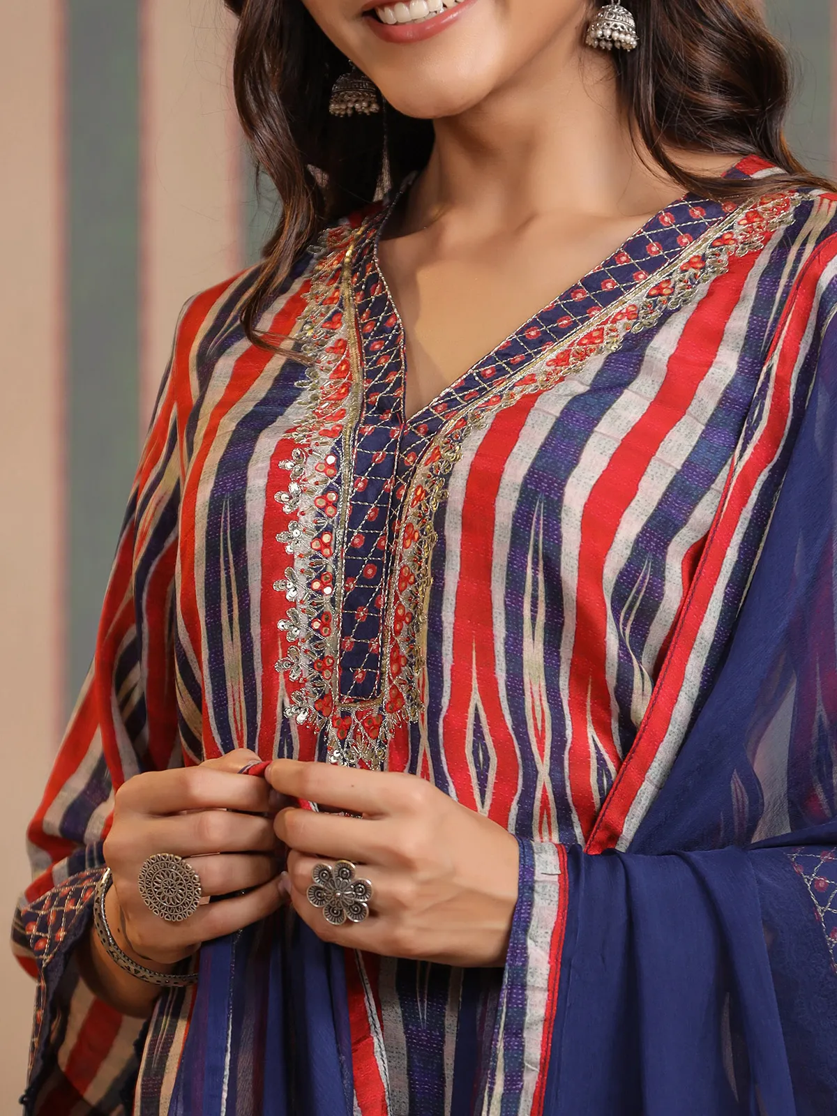 Blue and red silk printed kurti set